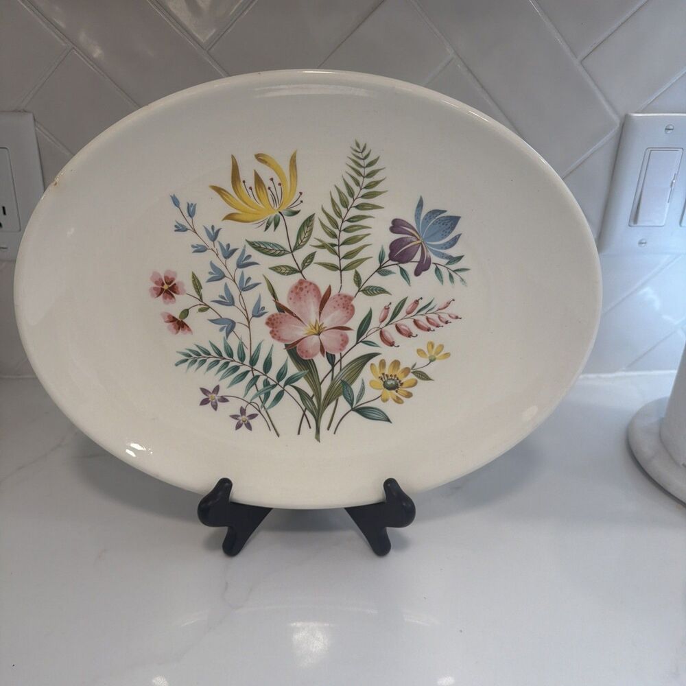Vintage Edwin M. Knowles Serving Platter, Oval Porcelain Dish, Blue & Pink Flora